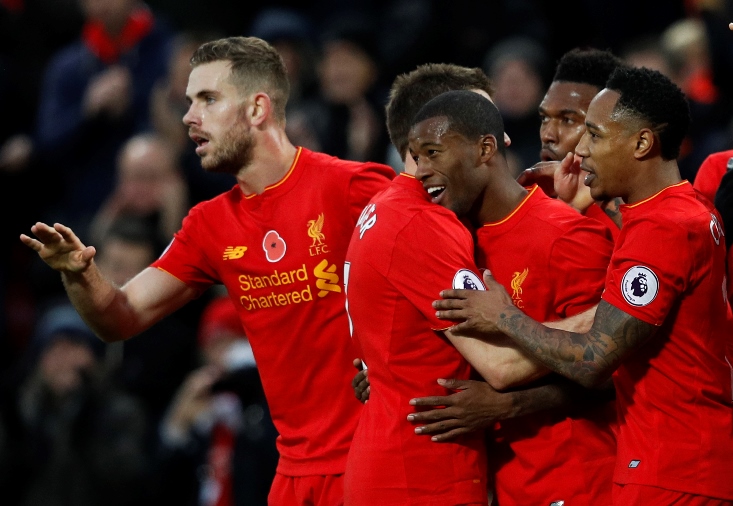 liverpool 039 s georginio wijnaldum celebrates scoring their sixth goal with team mates against watford on november 6 2016 photo reuters