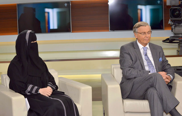 nora illi l the women 039 s representative of an unofficial group called the islamic central committee of switzerland wears a niqab as she attends along with wolfgang bosbach lawmaker from chancellor angela merkel 039 s christian democratic union party a sunday night talkshow on november 6 2016 in berlin photo afp