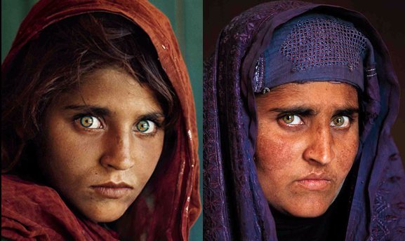 a then and now image of sharbat bibi published in national geographic in 2002