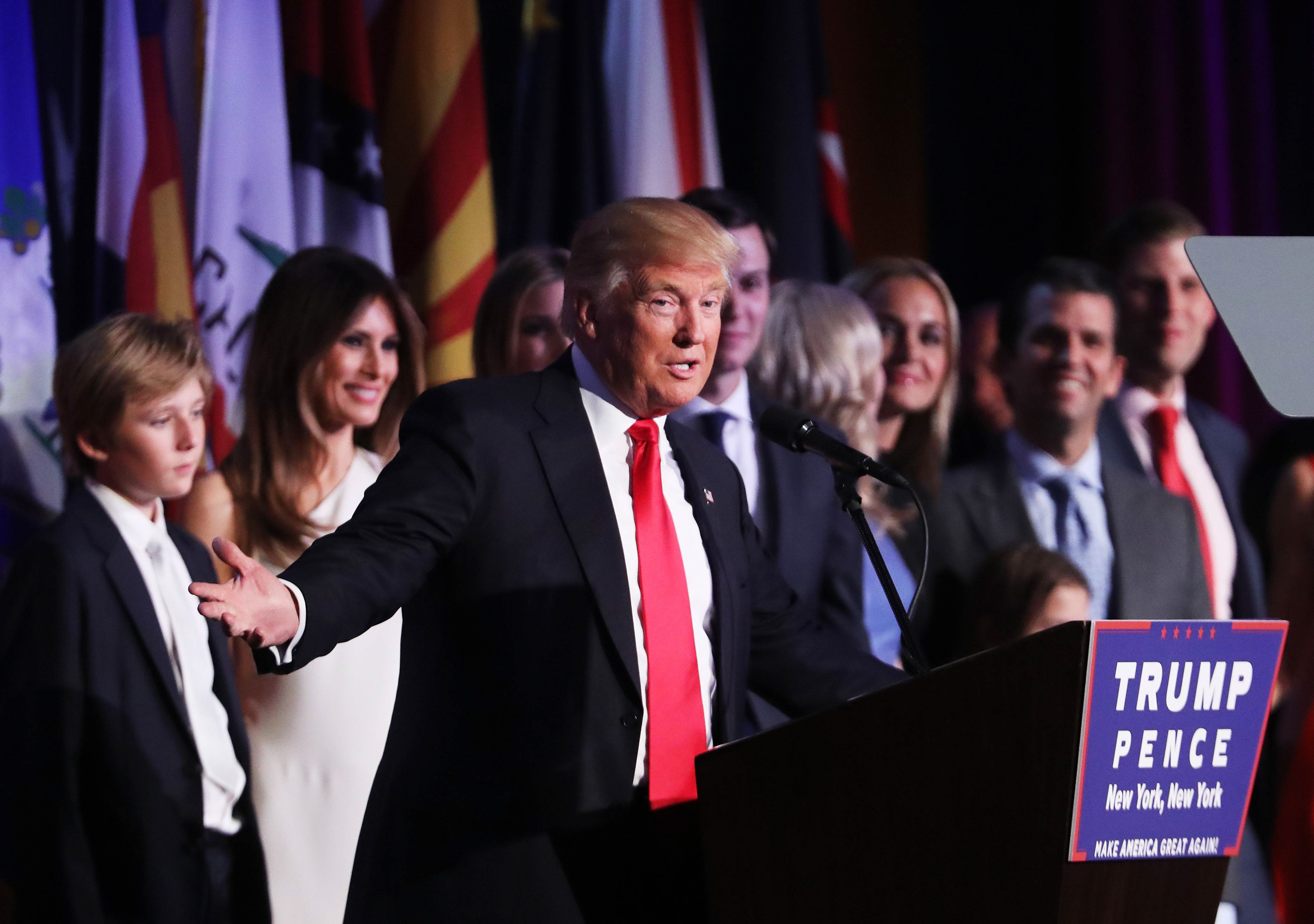 republican president elect donald trump delivers his acceptance speech during his election night event at the new york hilton midtown in the early morning hours of november 9 2016 in new york city photo afp