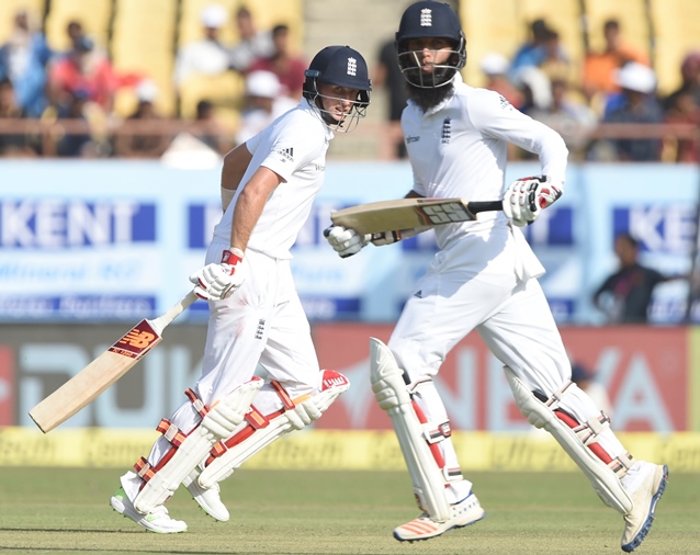 england 039 s joe root l and moeen ali run between the wickets on the first day of the first test cricket match between indian and england at the saurashtra cricket association stadium in rajkot on november 9 2016 photo afp