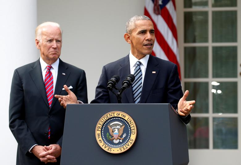 barack obama with vice president joe biden at his side speaks about the election results that saw donald trump become president elect from the rose garden of the white house in washington november 9 2016 photo reuters