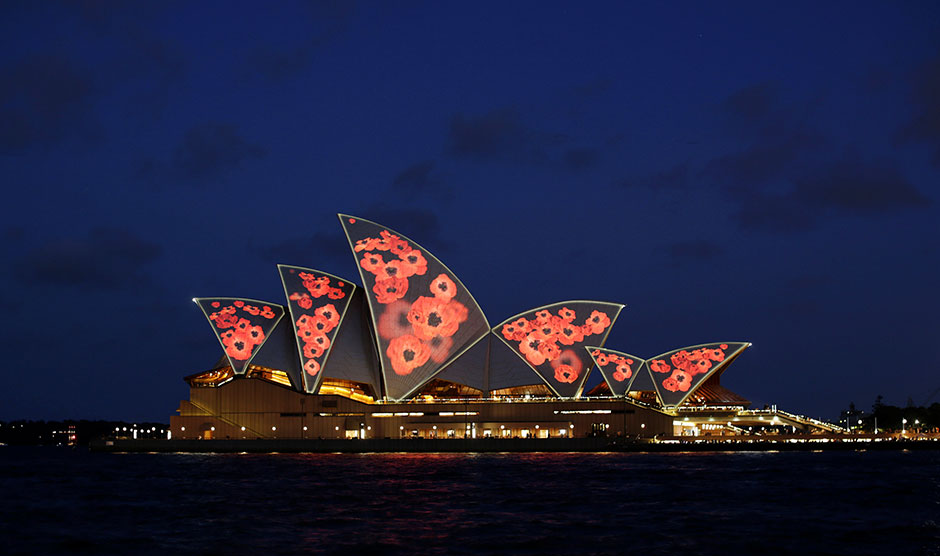 the sails of the the sydney opera house are lit with poppies commemorating the armistice ending world war one on remembrance day in sydney australia photo reuters