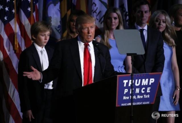 republican u s presidential nominee donald trump is flanked by members of his family as he addresses supporters at his election night rally in manhattan new york us november 9 2016 reuters