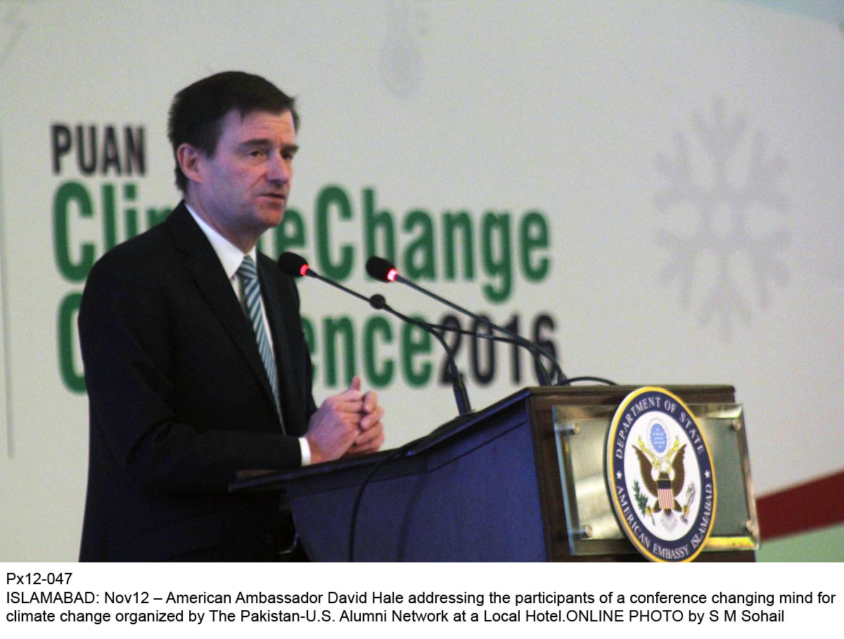 david hale addressing the participants of a conference chaning mind for climate change organised by the pakistan us alumni netowork photo express