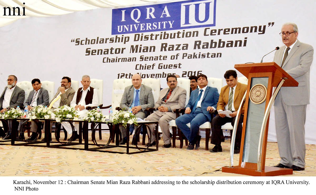 chairman senate mian raza rabbani addressing to the scholarship distribution ceremony at iqra university photo nni