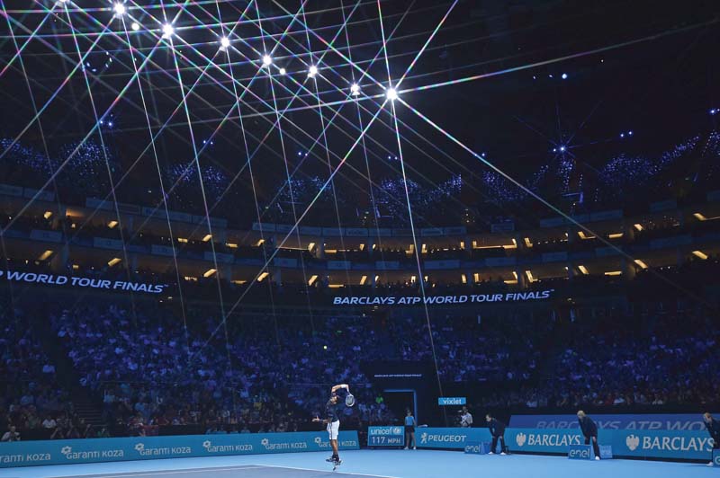 djokovic serves against thiem during their round robin match at the atp world tour finals in london photo afp