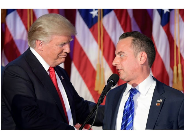 chairman of the republican national committee reince priebus r shakes hands with republican presidential elect donald trump during election night at the new york hilton midtown in new york photo afp