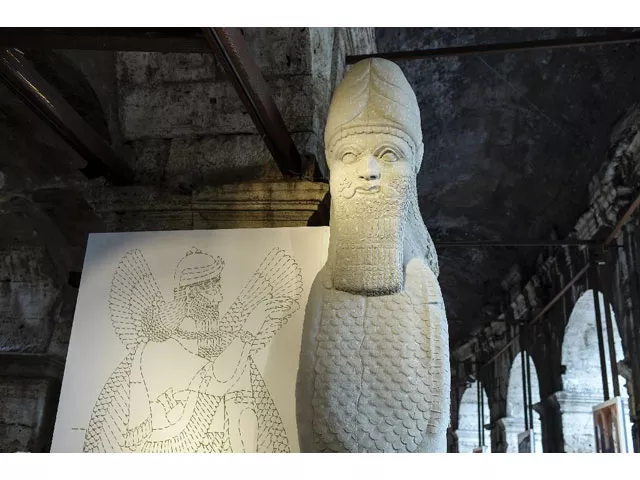 a full scale reproduction shows the human headed bull from the north west palace in nimrud iraq presented at an exhibition at the ancient colosseum in rome on october 6 2016 photo afp a full scale reproduction shows the human headed bull from the north west palace in nimrud iraq presented at an exhibition at the ancient colosseum in rome on october 6 2016 photo afp