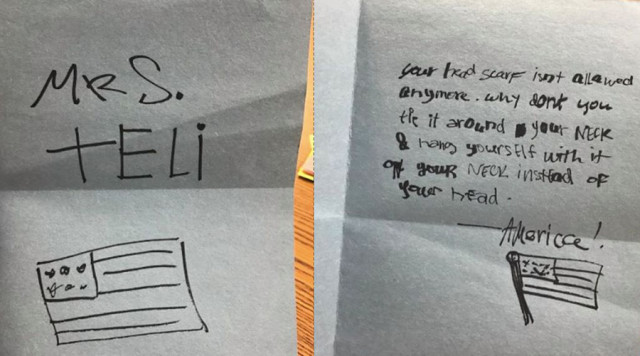 a teacher in georgia received a chilling note from one of her high school students telling her to hang herself by her headscarf photo facebook a teacher in georgia received a chilling note from one of her high school students telling her to hang herself by her headscarf photo facebook