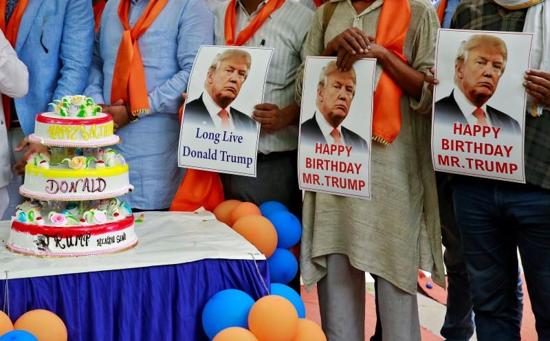 members of hindu sena a right wing hindu group celebrate us republican presidential candidate donald trump 039 s birthday in new delhi india photo reuters