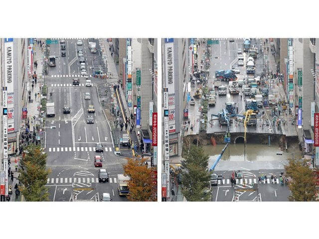 this combo shows a photo of a giant sinkhole r measuring around 30 metres 98 feet wide and 15 metres deep which appeared in a five lane street in the middle of the japanese city of fukuoka on november 8 2016 and another photo l of the same section of road after repairs were made on november 15 photo afp this combo shows a photo of a giant sinkhole r measuring around 30 metres 98 feet wide and 15 metres deep which appeared in a five lane street in the middle of the japanese city of fukuoka on november 8 2016 and another photo l of the same section of road after repairs were made on november 15 photo afp