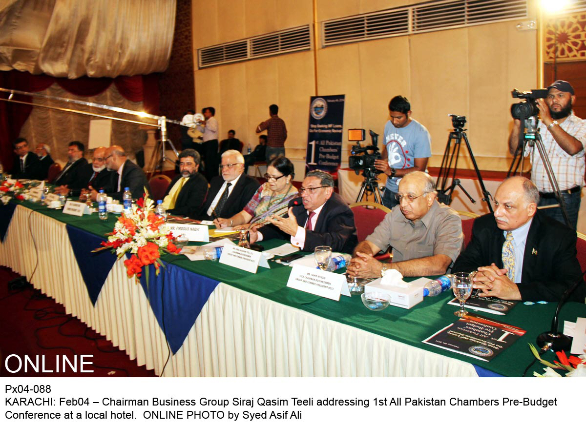 chairman business group siraj qasim teli 3rd l addressing the all pakistan chambers pre budget conference on tuesday photo online