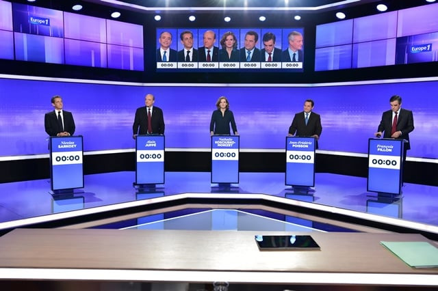the candidates for the right wing party primaries ahead of the 2017 presidential election former french president nicolas sarkozy former prime minister and bordeaux 039 s mayor alain juppe member of parliament nathalie kosciusko morizet head of the french christian democratic party jean frederic poisson and former prime minister and member of the parliament francois fillon prepare to take part in a televised debate at the studios of france 2 in paris on november 17 2016 photo afp the candidates for the right wing party primaries ahead of the 2017 presidential election former french president nicolas sarkozy former prime minister and bordeaux 039 s mayor alain juppe member of parliament nathalie kosciusko morizet head of the french christian democratic party jean frederic poisson and former prime minister and member of the parliament francois fillon prepare to take part in a televised debate at the studios of france 2 in paris on november 17 2016 photo afp