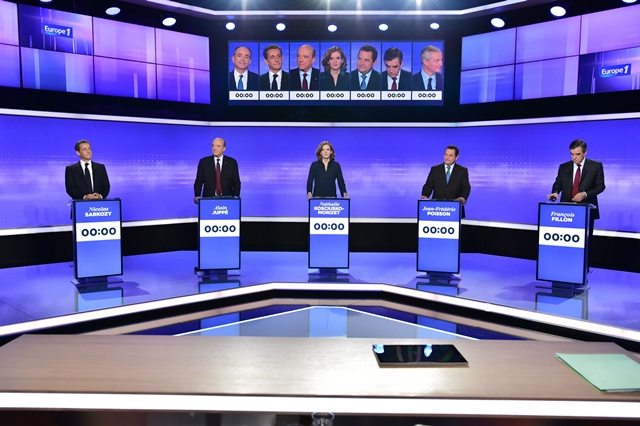 the candidates for the right wing party primaries ahead of the 2017 presidential election former french president nicolas sarkozy former prime minister and bordeaux 039 s mayor alain juppe member of parliament nathalie kosciusko morizet head of the french christian democratic party jean frederic poisson and former prime minister and member of the parliament francois fillon prepare to take part in a televised debate at the studios of france 2 in paris on november 17 2016 photo afp