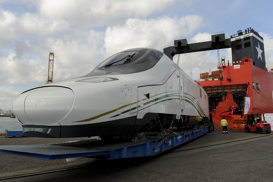 a unit of the new highspeed train built by spanish manufacturer talgo is loaded onto a freighter in barcelona 039 s port bound for jeddah city in saudi arabia photo afp