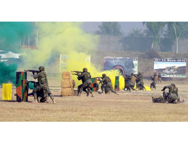 fc troops take part in military drills during the 53rd frontier corps week in peshawar photo afp fc troops take part in military drills during the 53rd frontier corps week in peshawar photo afp