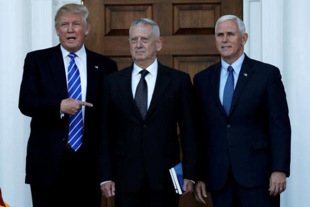 us president elect donald trump l and vice president elect mike pence r greet retired marine general james mattis in bedminster new jersey us november 19 2016 photo reuters us president elect donald trump l and vice president elect mike pence r greet retired marine general james mattis in bedminster new jersey us november 19 2016 photo reuters