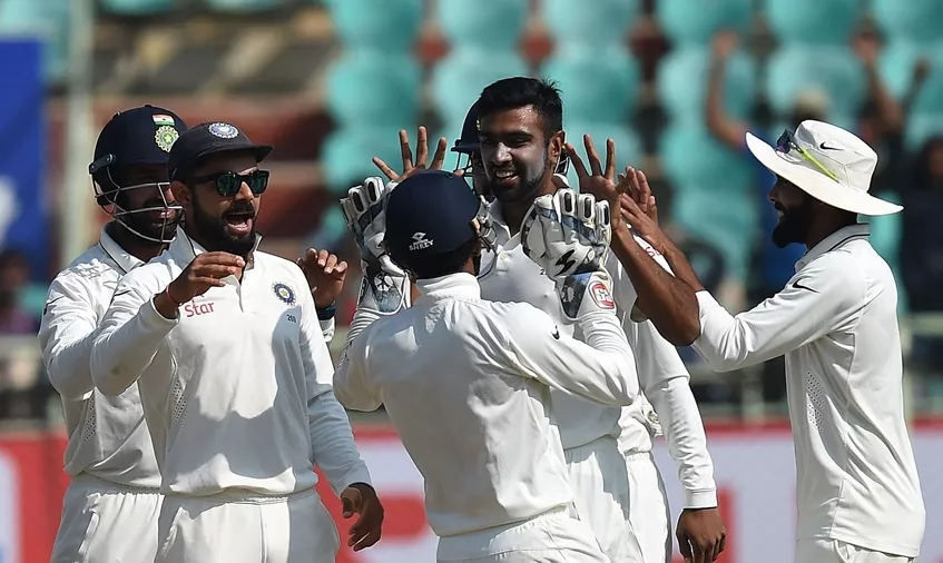 india 039 s ravichandran ashwin 2nd r celebrates the wicket of england 039 s ben duckett with captain virat kohli 2nd l and teammates during the last day of the second test cricket match between india and england at the dr y s rajasekhara reddy aca vdca cricket stadium in vishakhapatnam on november 21 2016 photo afp india 039 s ravichandran ashwin 2nd r celebrates the wicket of england 039 s ben duckett with captain virat kohli 2nd l and teammates during the last day of the second test cricket match between india and england at the dr y s rajasekhara reddy aca vdca cricket stadium in vishakhapatnam on november 21 2016 photo afp