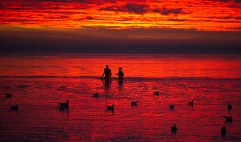 people and sea gulls bathe in the sea as the sun goes up with red colours in stralsund close to the baltic sea island of r gen germany photo afp