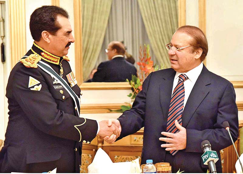 pm nawaz greets outgoing army chief gen raheel at the latter s farewell reception photo inp