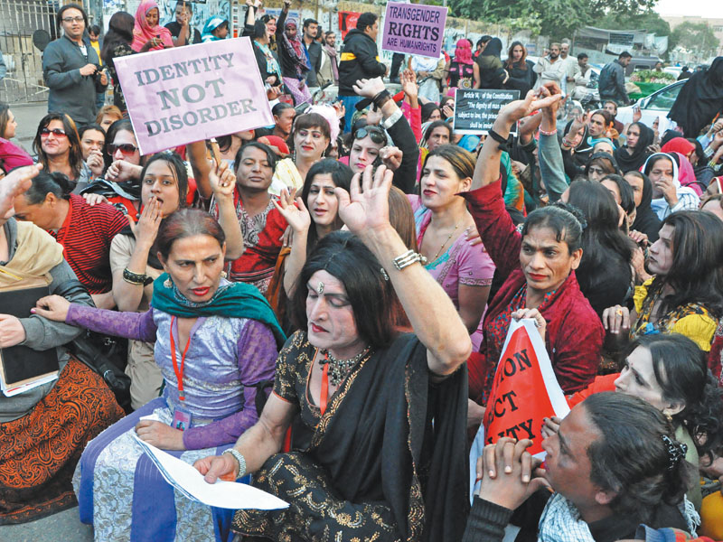 Transgender and social activists protest the discriminatory attitudes of government and civic authorities. The members demand the implementation of the two per cent job quota promised to them by the governemnt. PHOTO COURTESY: GENDER INTERACTIVE ALLIANCE
