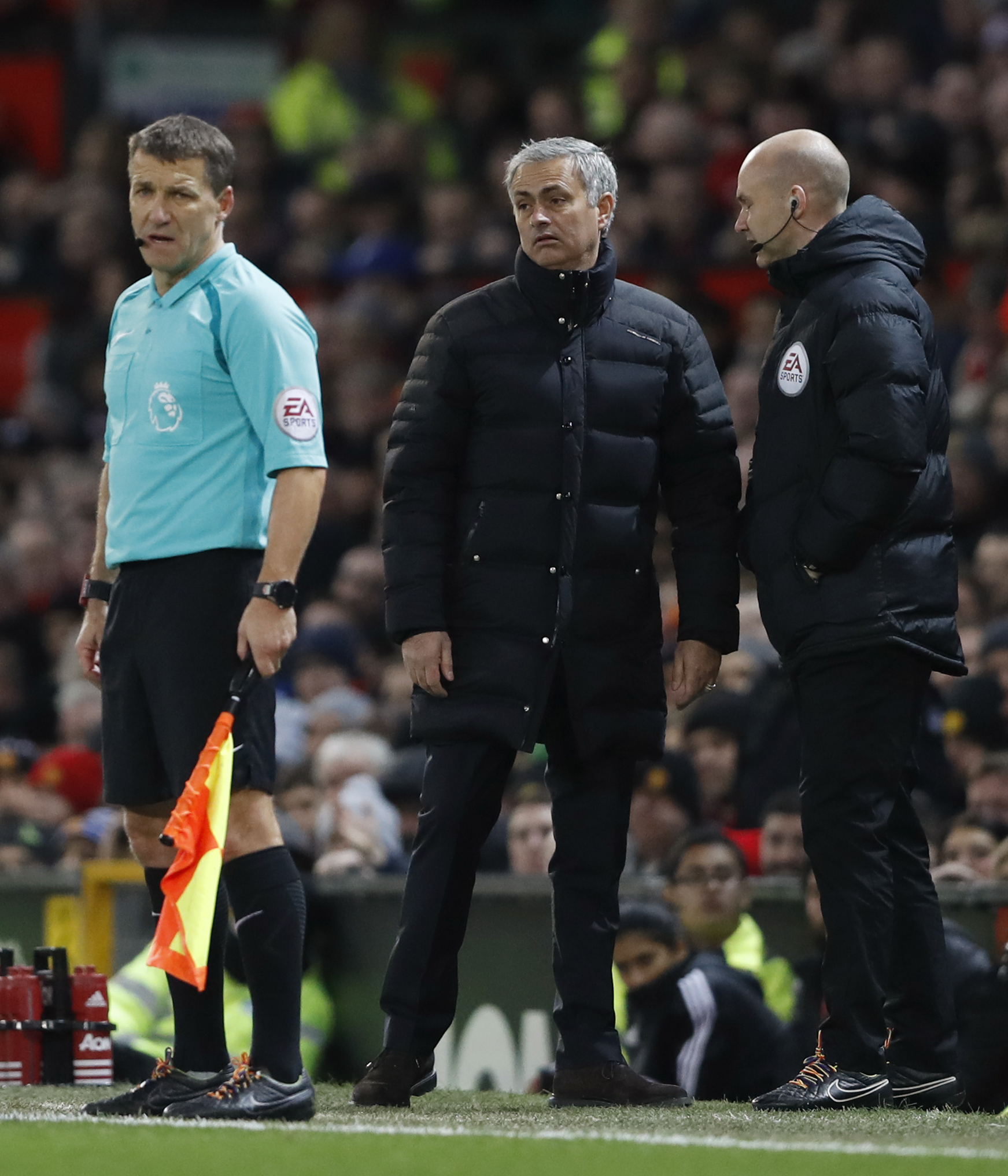 manchester united manager jose mourinho with official anthony taylor before being sent to the stands photo reuters