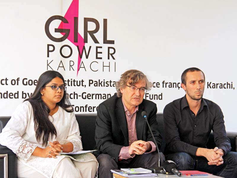 goethe institut programme coordinator zoya ahmed goethe institut director stefan winkler and jean loup the head of studies at alliance fran aise spoke about the girl power project during a press conference on monday photo ayesha mir express