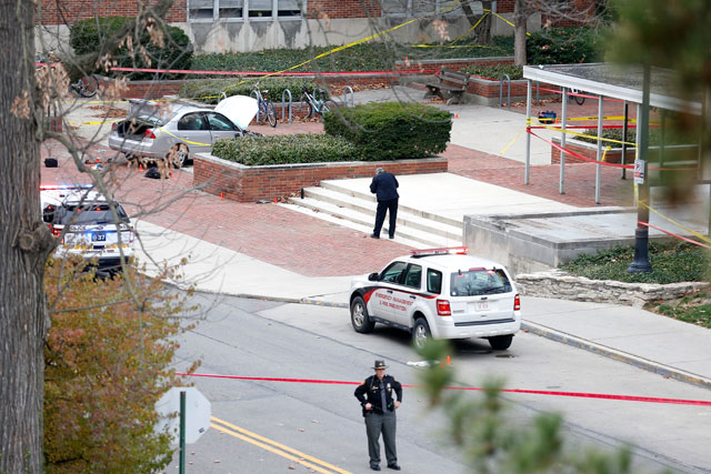 police investigate the scene where an individual used a car to crash into a group of students outside of watts hall on the ohio state university campus on november 28 2016 in columbus ohio photo afp