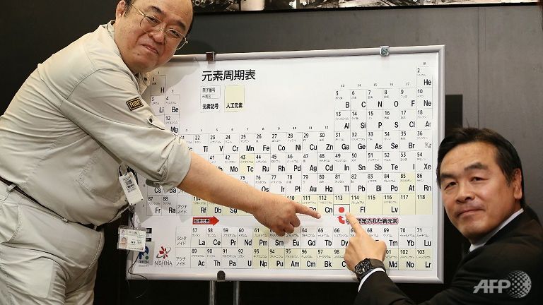 kosuke morita l who led the team at riken institute that discovered the superheavy synthetic element and hiroshi hase r minister of education culture sports science and technology pose with a board displaying the new element 113 photo afp