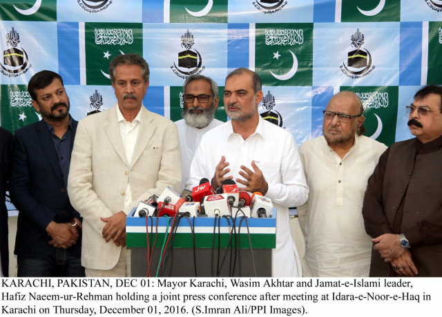 karachi mayor waseem akhter and ji leader naeemur rehman addresses a joint presser in karachi on thursday photo ppi karachi mayor waseem akhter and ji leader naeemur rehman addresses a joint presser in karachi on thursday photo ppi