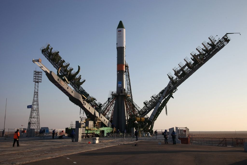 service towers move towards the soyuz u carrier rocket with the cargo ship progress ms 04 at the russian leased baikonur cosmodrome in kazakhstan on november 29 2016 photo afp