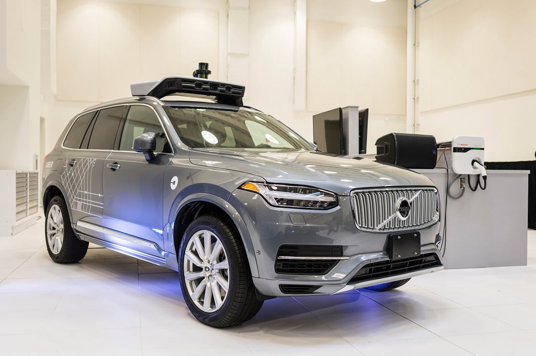 a pilot model of the uber self driving car is displayed at the uber advanced technologies center photo afp