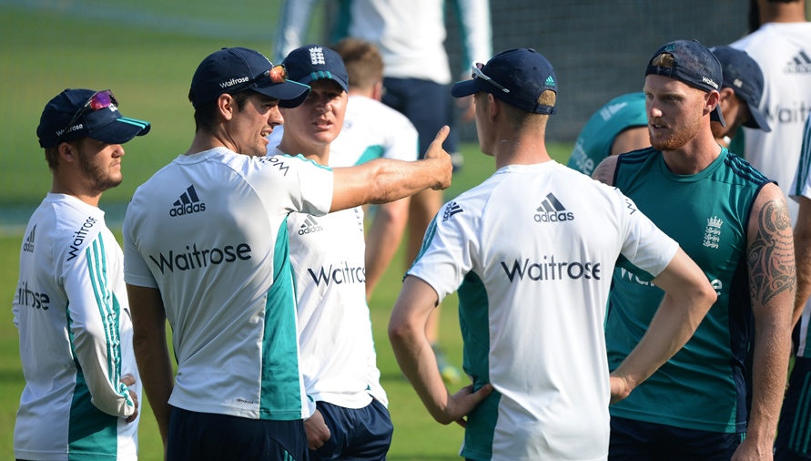 england 039 s ben duckett l gareth batty 3l keaton jennings 2r and ben stokes r listen as captain alastair cook 2l speaks during a training session at the wankhede stadium ahead of the fourth test cricket match between india and england in mumbai on december 6 2016 photo afp