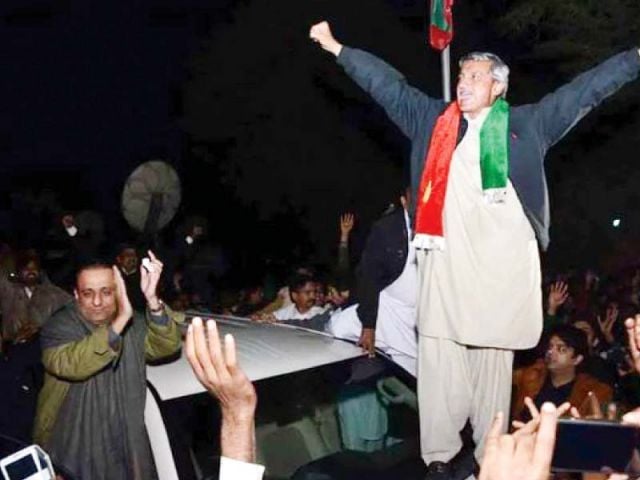 pti leader jahangir khan tareen celebrates his victory during a rally in lodhran photo pti