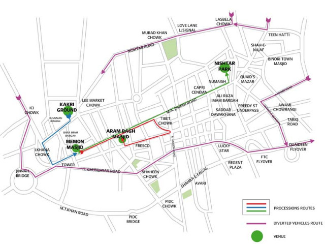 several traffic diversions have been put in place today to divert traffic from ma jinnah road where the main procession is being held map courtesy traffic police several traffic diversions have been put in place today to divert traffic from ma jinnah road where the main procession is being held map courtesy traffic police