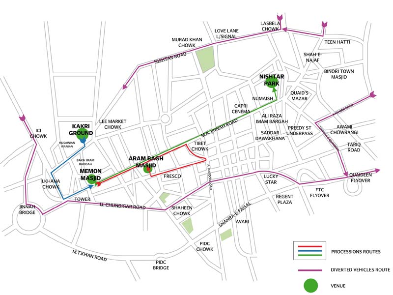 several traffic diversions have been put in place today to divert traffic from ma jinnah road where the main procession is being held map courtesy traffic police