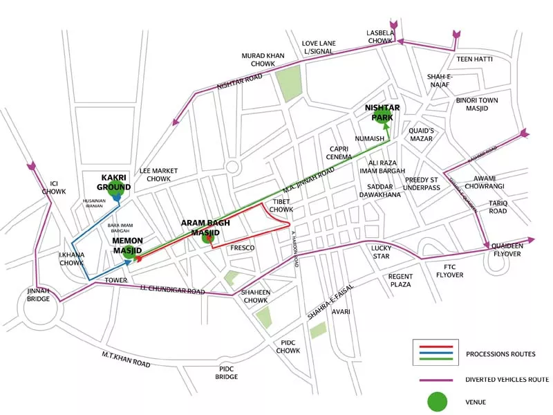 several traffic diversions have been put in place today to divert traffic from ma jinnah road where the main procession is being held map courtesy traffic police