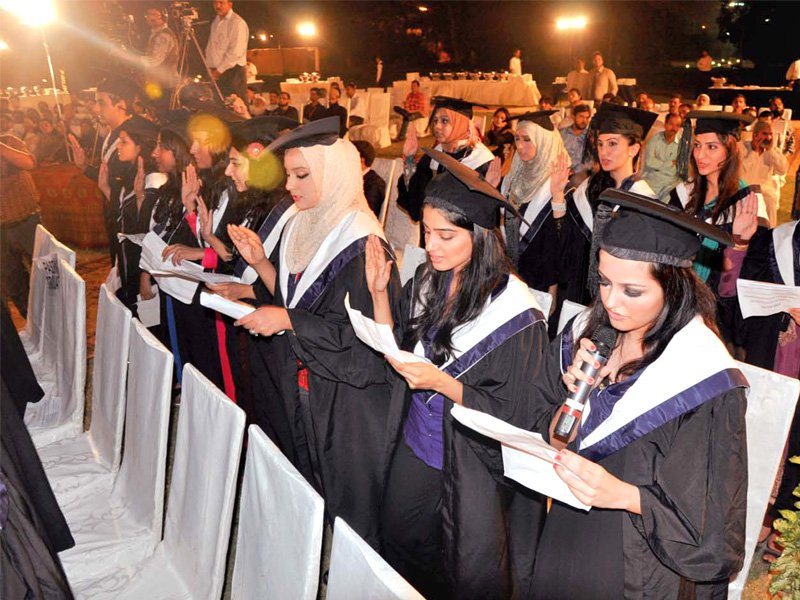 first batch of 25 overseas students graduated from dow international medical college on thursday night flanked by their teachers and the vice chancellor students took the hippocratic oath at the ceremony held at the governor s house photo courtesy arif hussain