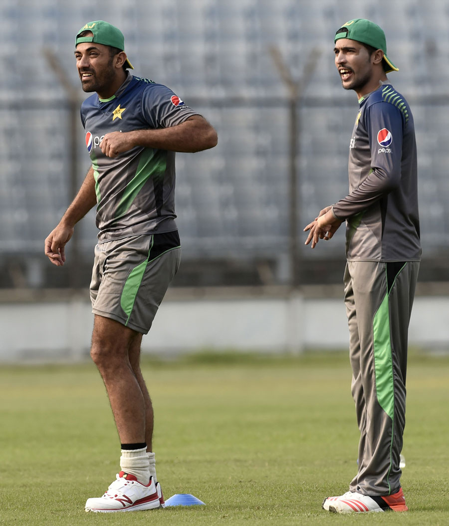 wahab riaz and mohammad amir participate in a training session photo afp