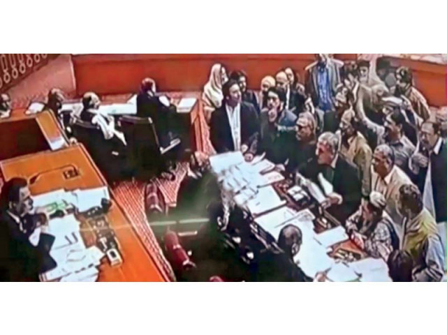 this video screengrab shows pti mps besieging the speaker s dais photo express this video screengrab shows pti mps besieging the speaker s dais photo express