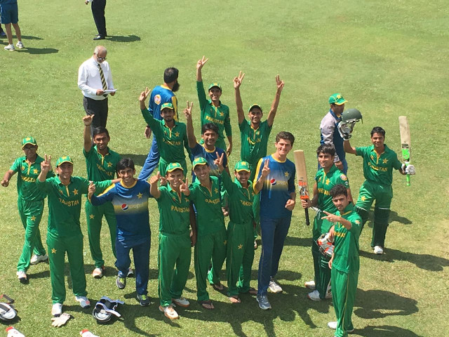 the pakistan u19 team enjoys their moment in the sun after claiming an emphatic win against singapore photo courtesy pcb the pakistan u19 team enjoys their moment in the sun after claiming an emphatic win against singapore photo courtesy pcb