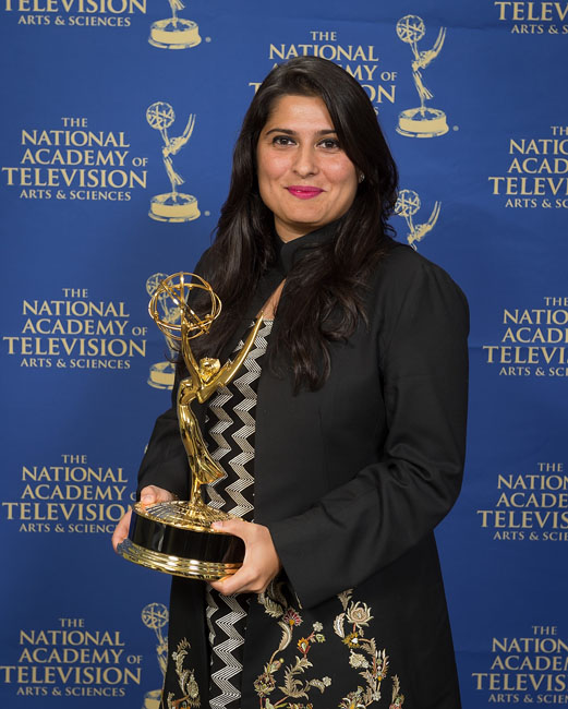 sharmeen obaid chinoy posing with her emmy photo publicity