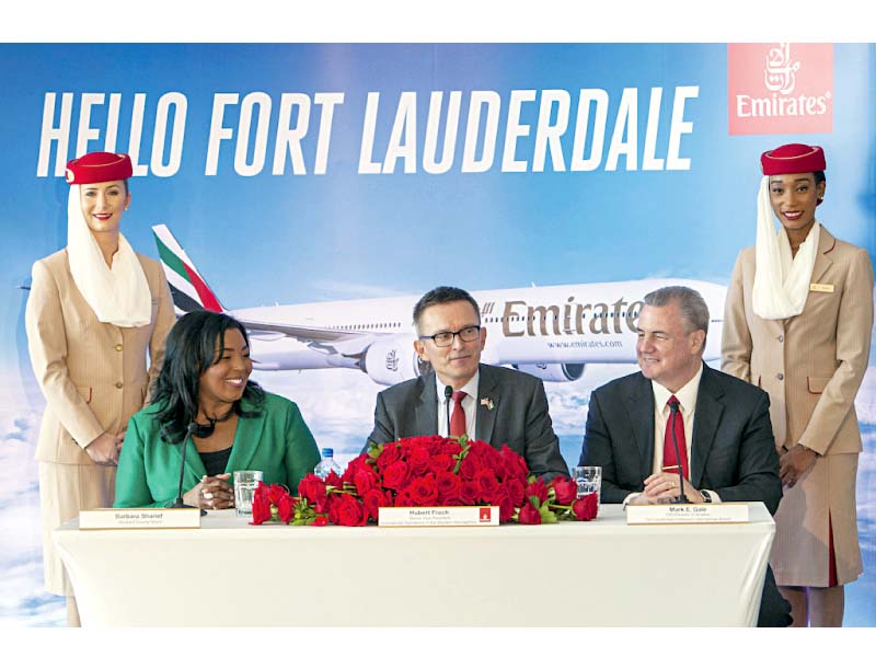 the broward county mayor barbara sharief divisional senior vice president of commercial operations emirates western hemisphere hubert frach and fort lauderdale hollywood international airport ceo aviation director mark gale come together in fort lauderdale to mark the arrival of emirates flight ek213 photo press release