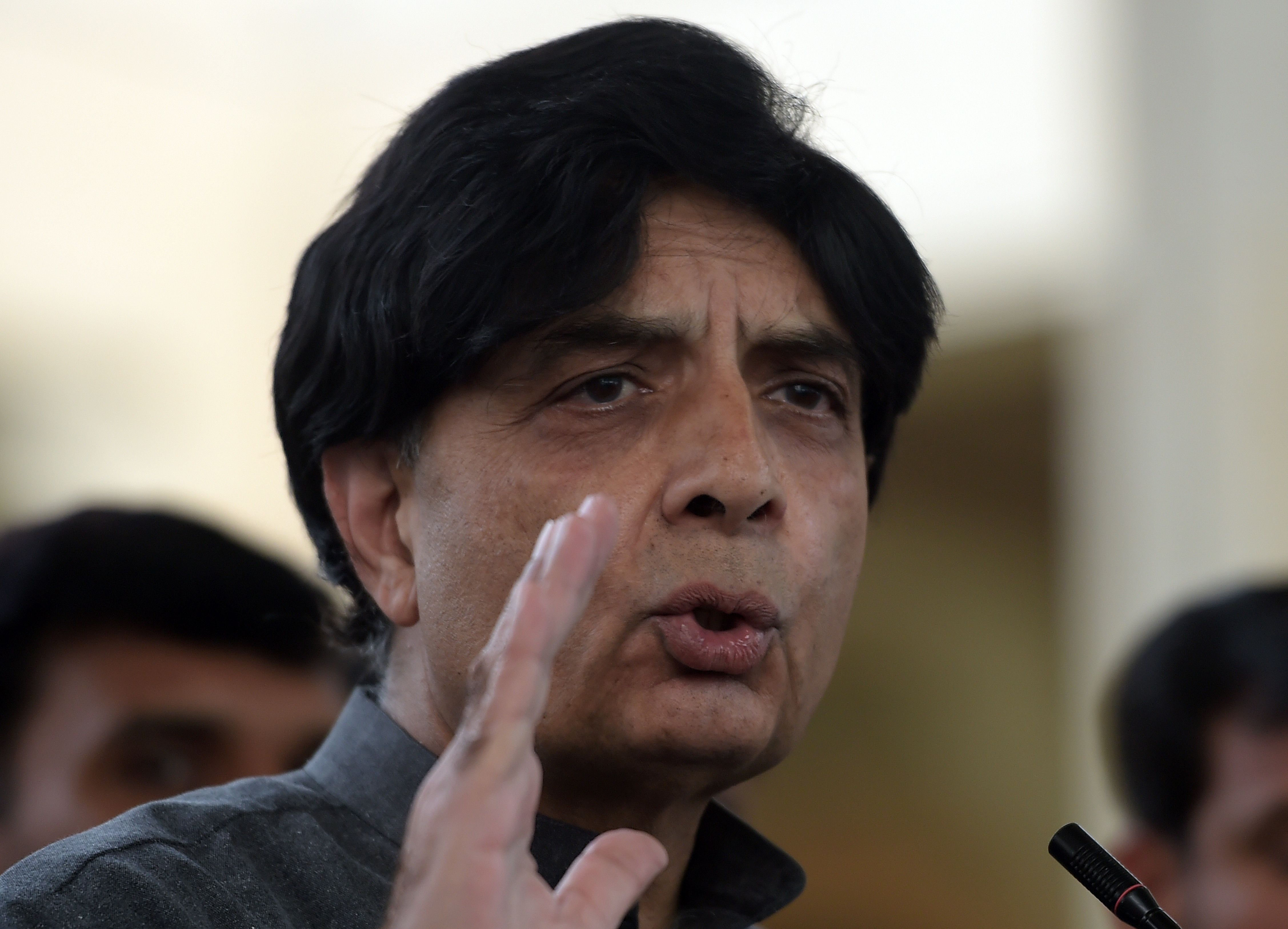 pakistani interior minister chaudhry nisar ali khan gestures as he speaks with media representatives in islamabad on march 10 2016 pakistan 039 s interior minister has ruled out sending the national cricket team to india for the world twenty20 until security assurances comes from new delhi saying the threats from indian extremists are concerning photo afp