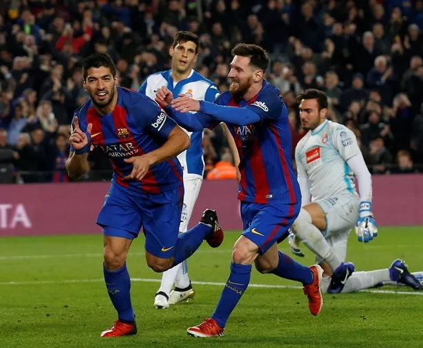 barcelona 039 s luis suarez and lionel messi celebrate a goal against espanyol on december 18 2016 photo reuters barcelona 039 s luis suarez and lionel messi celebrate a goal against espanyol on december 18 2016 photo reuters