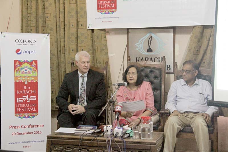 karachi literature festival co founders asif farrukhi and ameena saiyid and german consul general rainer schmiedchen addressed a press conference organised to announce the books in the running for prizes at the klf photo ayesha mir express