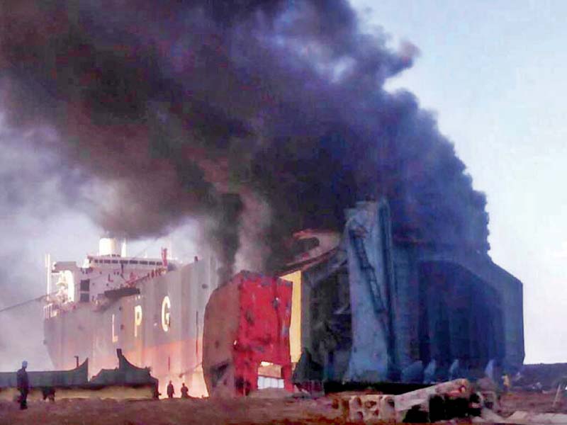 the fire broke out in a dismantled ship in gadani on thursday photo online