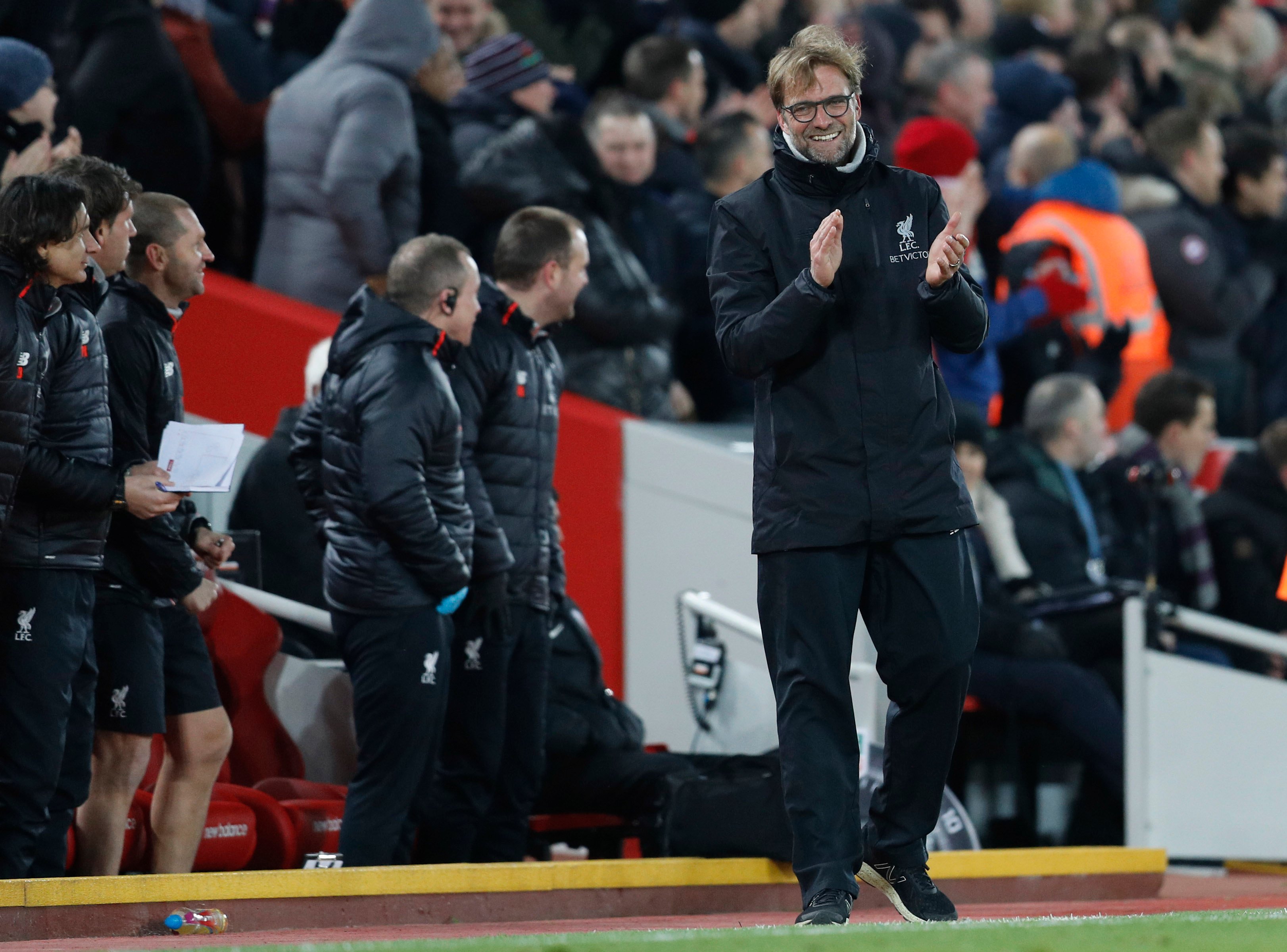 liverpool manager juergen klopp celebrates after daniel sturridge scored fourth goal against stoke city on december 27 2016 photo reuters