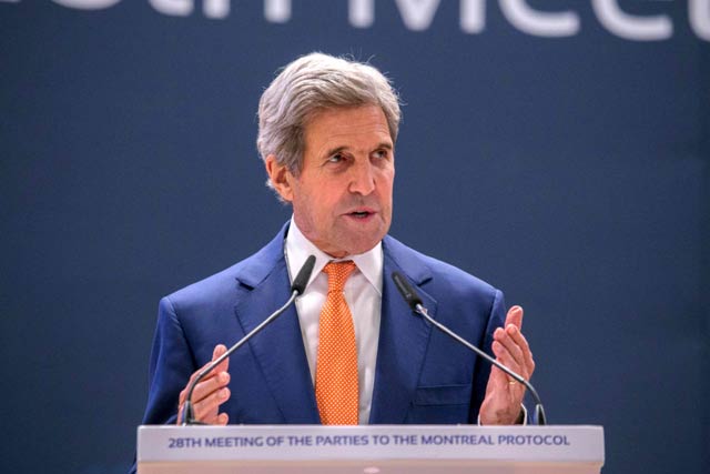 us secretary of state john kerry gestures as he delivers a speech during the 28th meeting of the parties to the montreal protocol in kigali on october 14 2016 photo afp